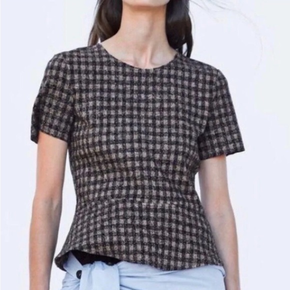Zara Woman’s Short Sleeve Checkered Ruffle Top Size Small - Picture 2 of 6